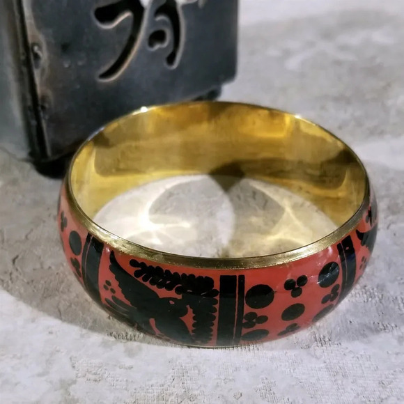 Brass India Bangle Bracelet Black Orange Red Peace Dove Olive Branch - Picture 2 of 6